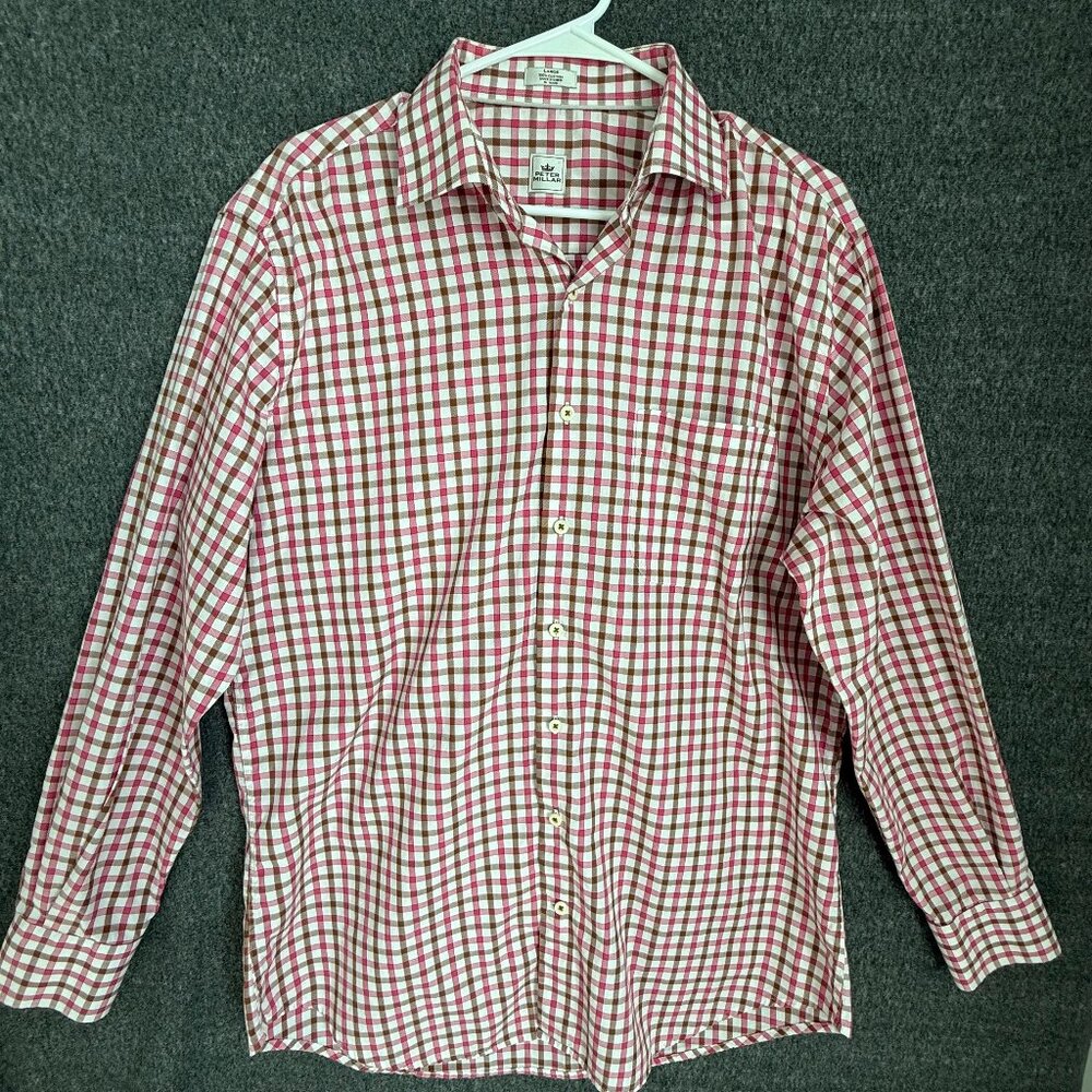 Peter Millar Shirt Mens Large Pink Brown Plaid Button Up Long Sleeve